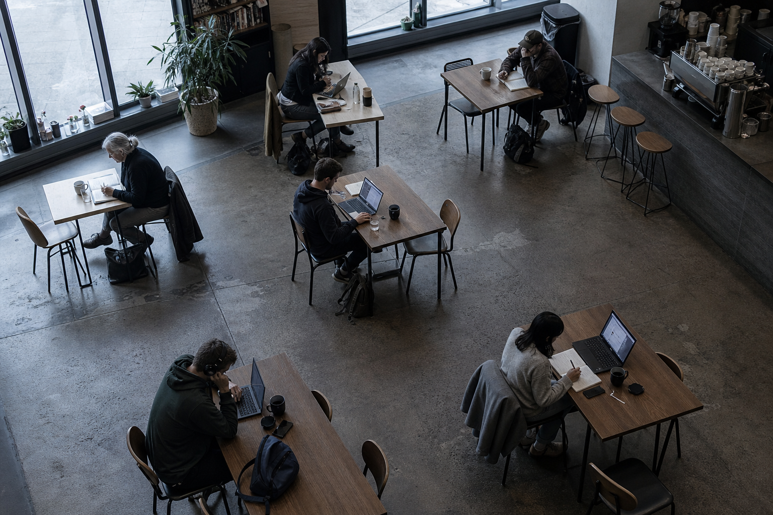 People working alone in a cafe